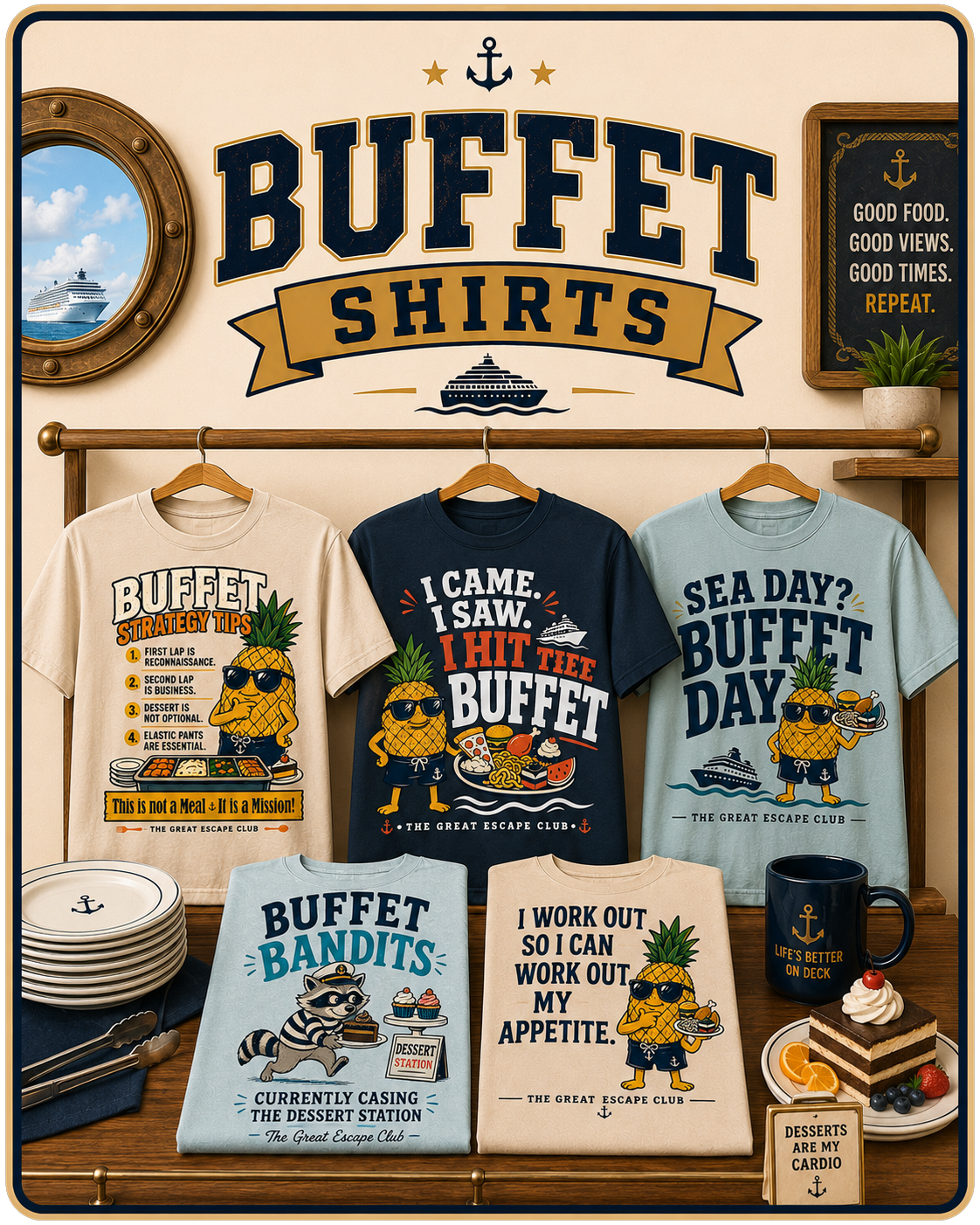 Buffet Shirts collection featuring funny cruise food shirts, buffet tees and sea day food designs from The Great Escape Club.