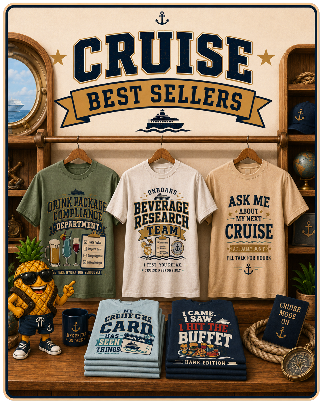 Cruise Best Sellers collection featuring funny cruise shirts, drink package tees and sea day designs from The Great Escape Club.