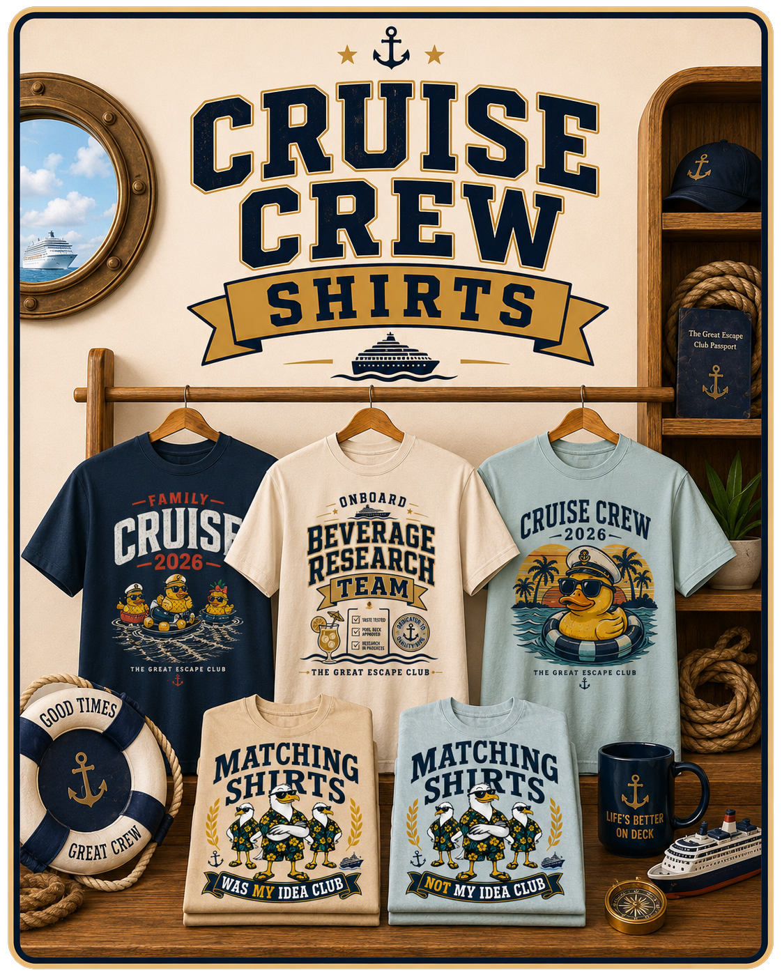 Cruise Crew Shirts collection featuring matching cruise shirts, family cruise tees and group designs from The Great Escape Club.