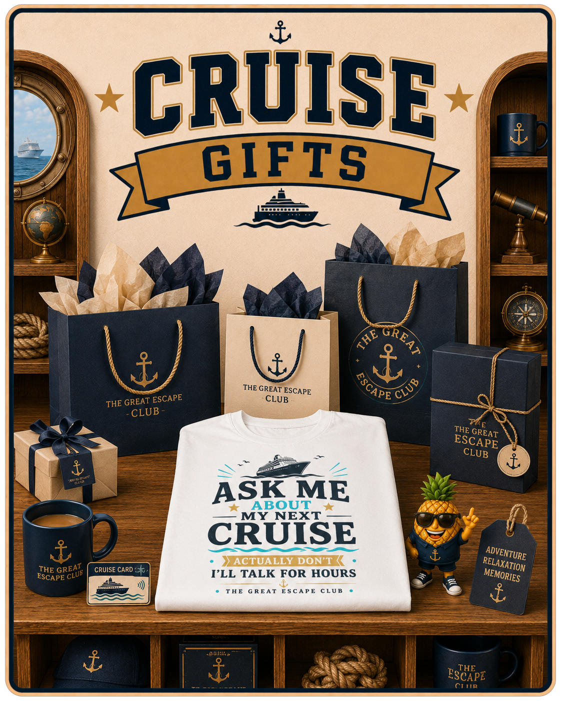 Cruise Gifts collection image featuring branded gift bags, a cruise shirt and nautical gift items from The Great Escape Club.