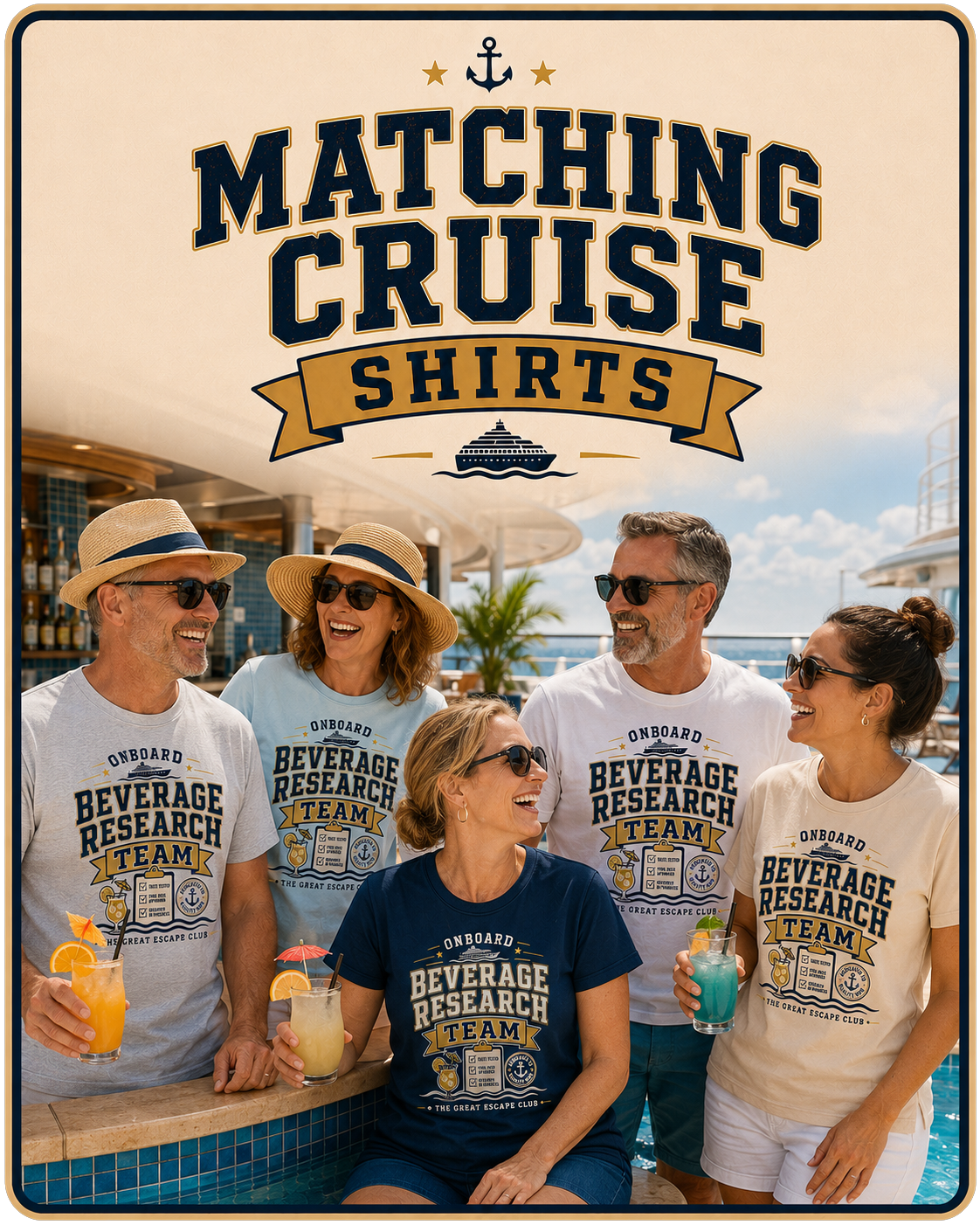 Matching Cruise Shirts collection featuring cruise group shirts, couple tees and family cruise designs from The Great Escape Club.
