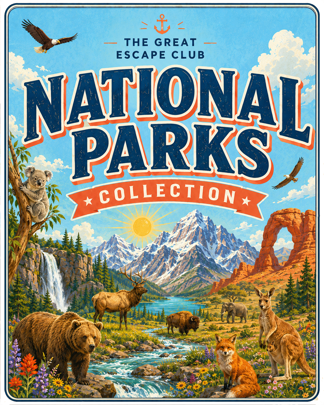 Colourful National Parks Collection graphic featuring mountains, waterfalls, forests, wildlife, kangaroo, bear, koala, fox, eagle and scenic outdoor landscapes.