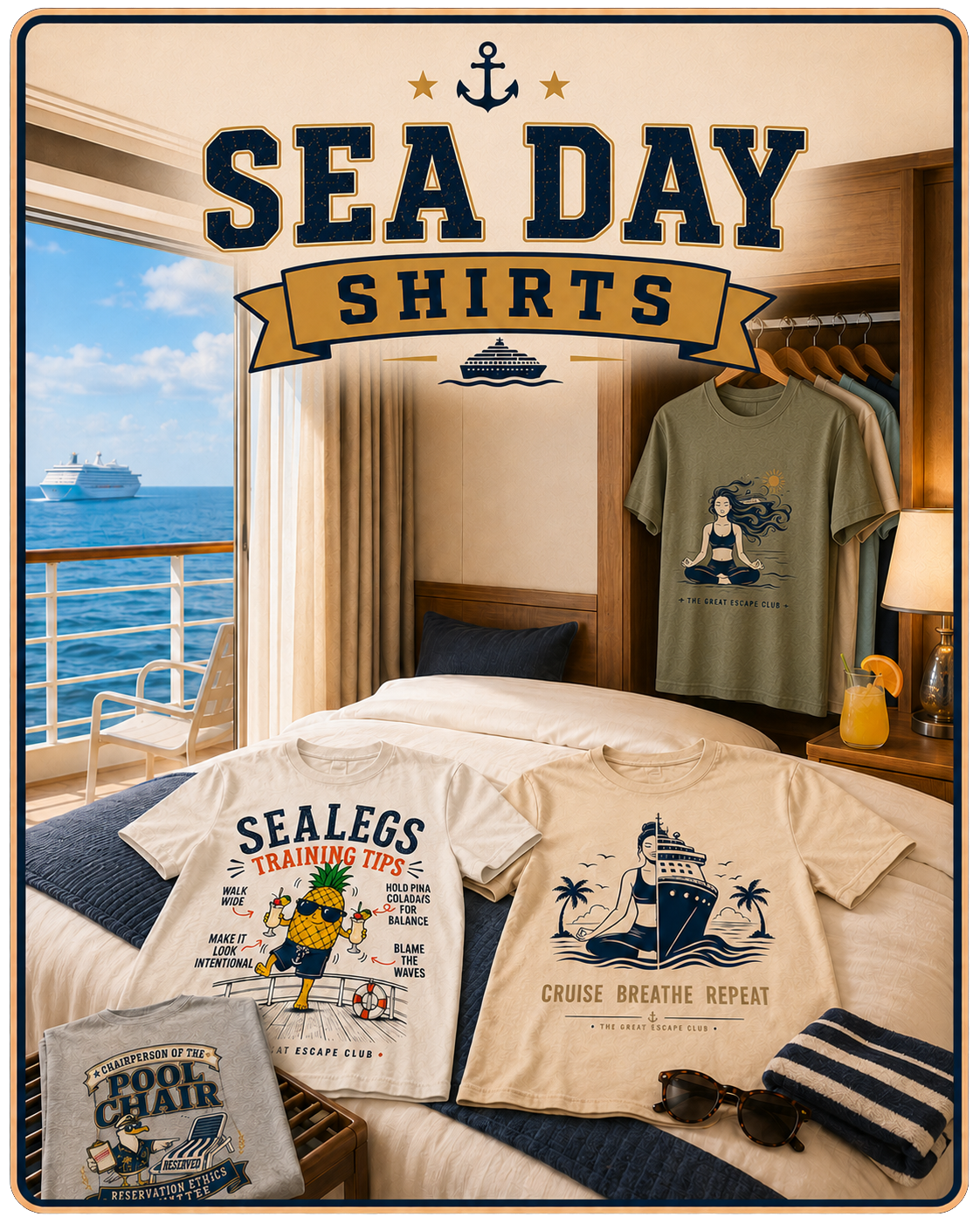 Sea Day Shirts collection featuring funny cruise shirts, pool deck tees, drink package designs and buffet favourites from The Great Escape Club.