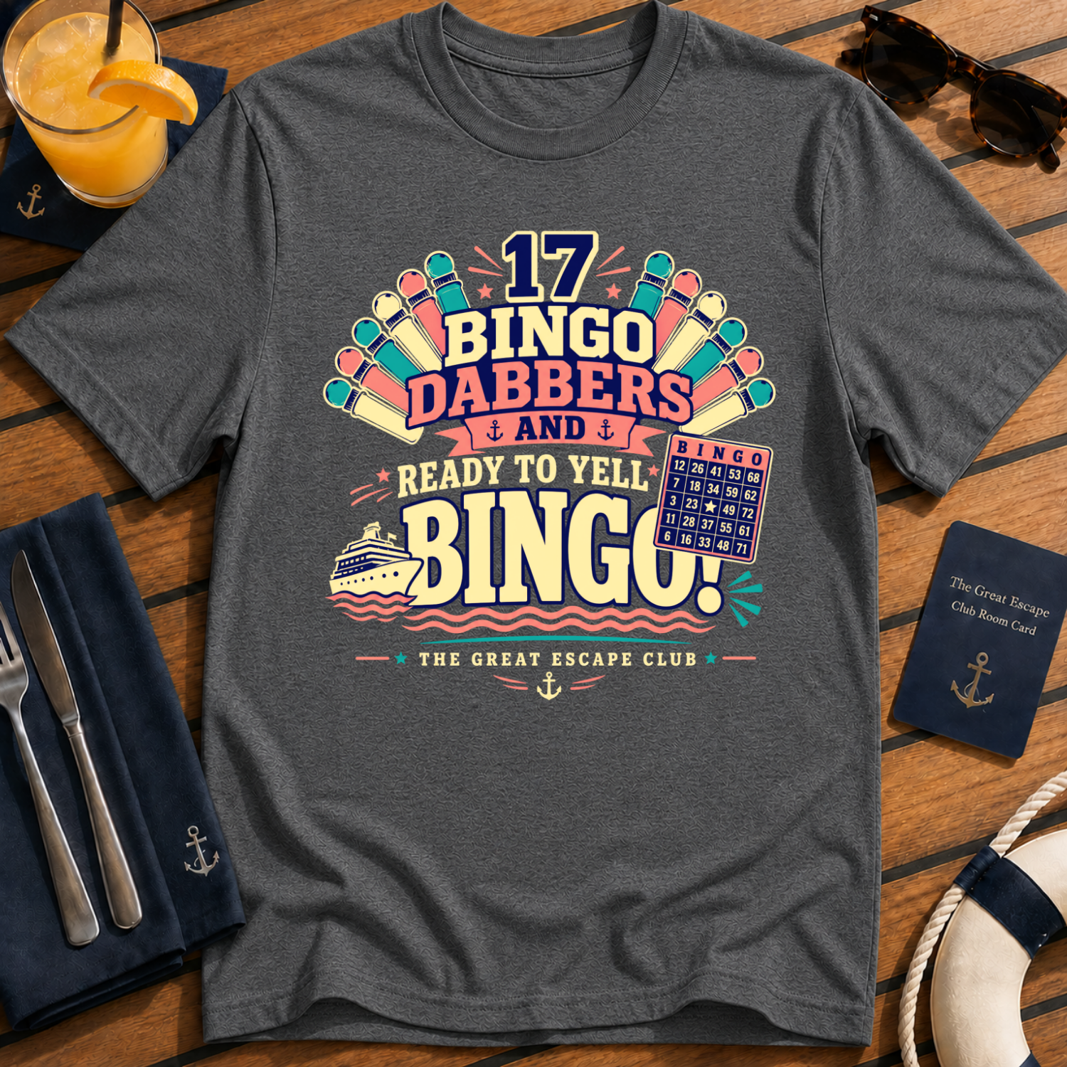 17 Bingo Dabbers funny cruise bingo t-shirt design on Dark Heather shirt