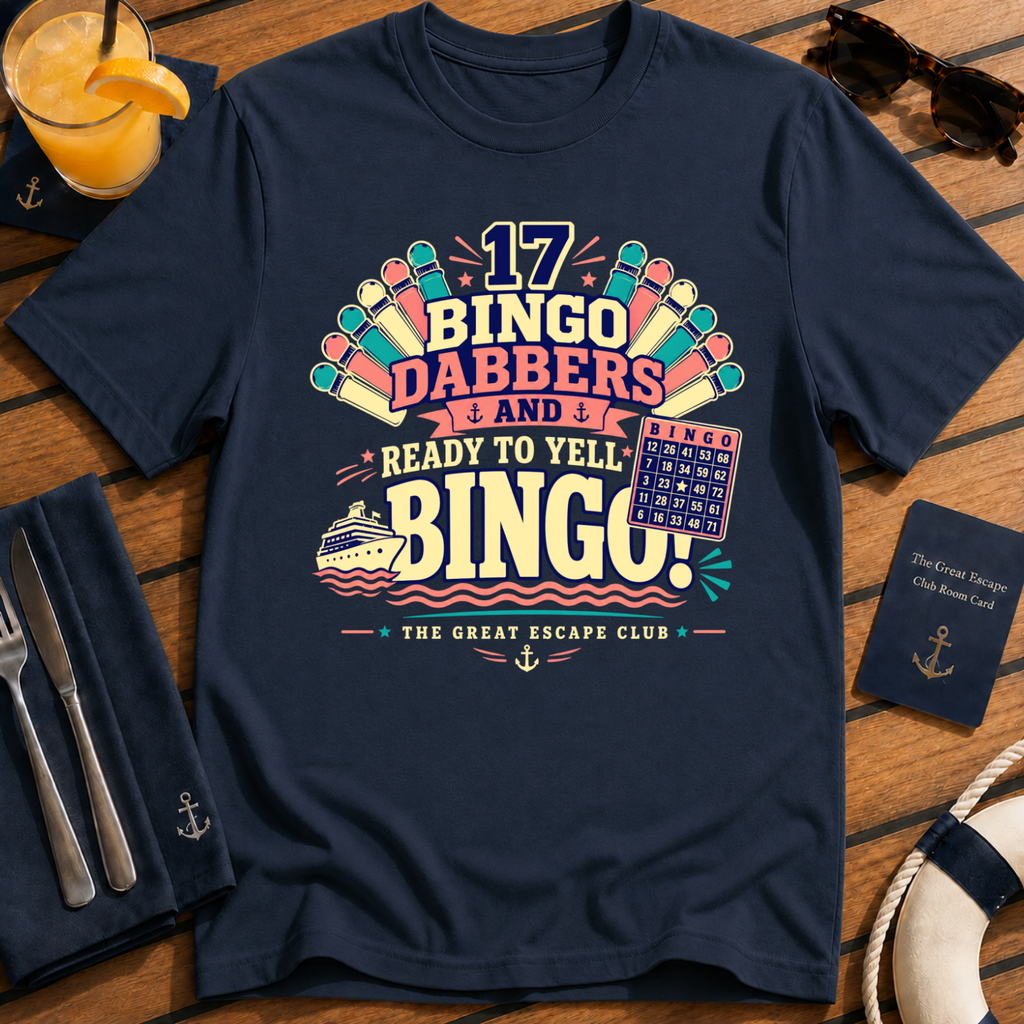 17 Bingo Dabbers funny cruise bingo t-shirt design on Navy shirt