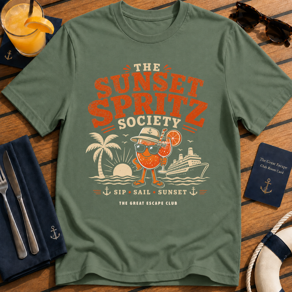 Sunset Spritz Society T-Shirt - Retro Beach Cocktail Tee