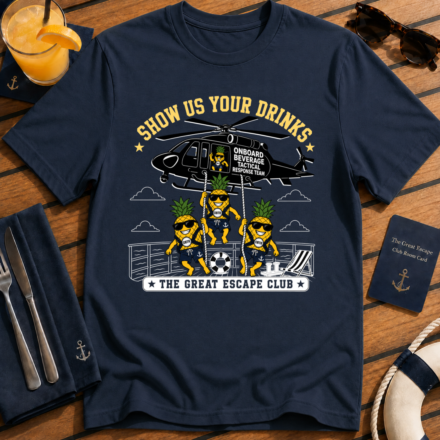 Show Us Your Drinks T-Shirt - OBTR Onboard Beverage Tactical Response Helicopter Beverage Tee