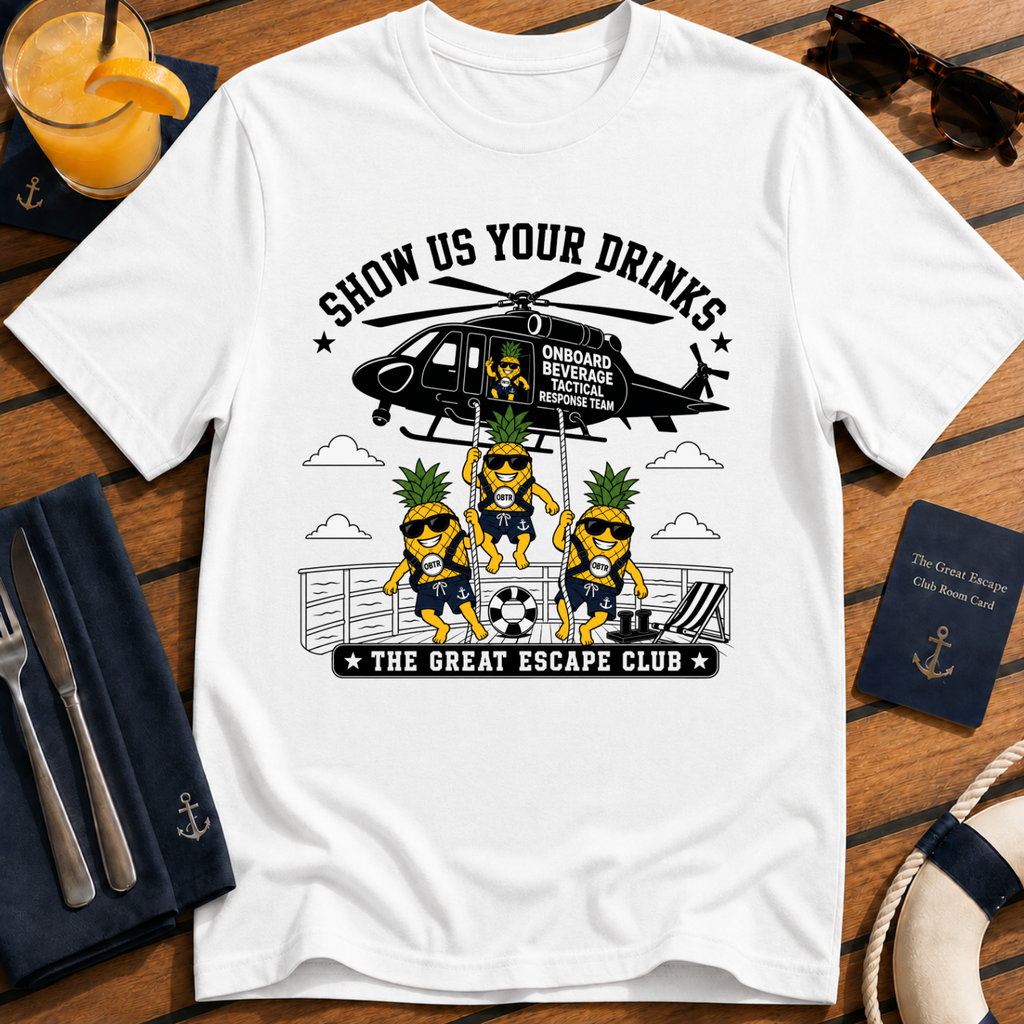 Show Us Your Drinks T-Shirt - OBTR Onboard Beverage Tactical Response Helicopter Beverage Tee