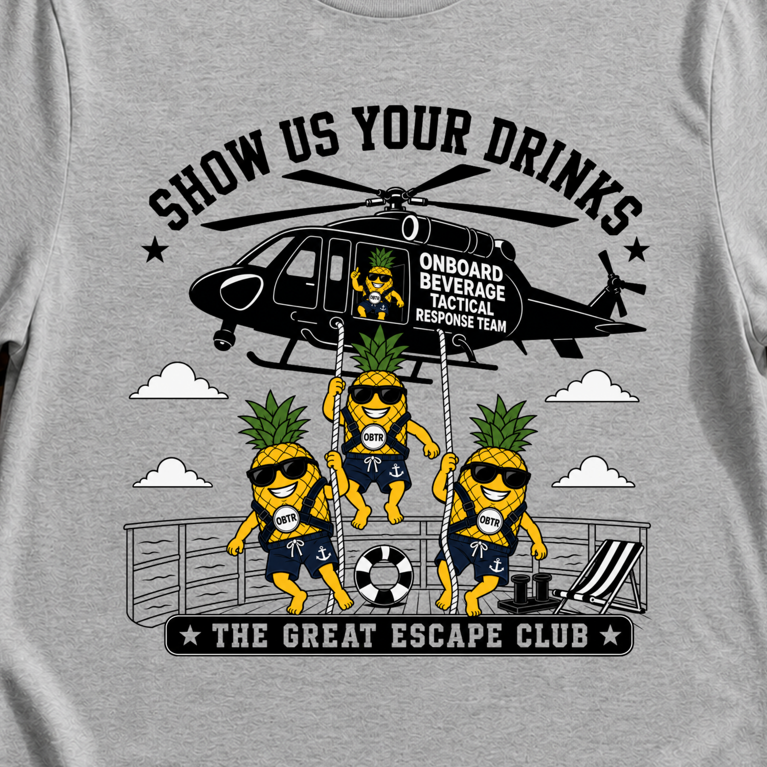 Show Us Your Drinks T-Shirt - OBTR Onboard Beverage Tactical Response Helicopter Beverage Tee