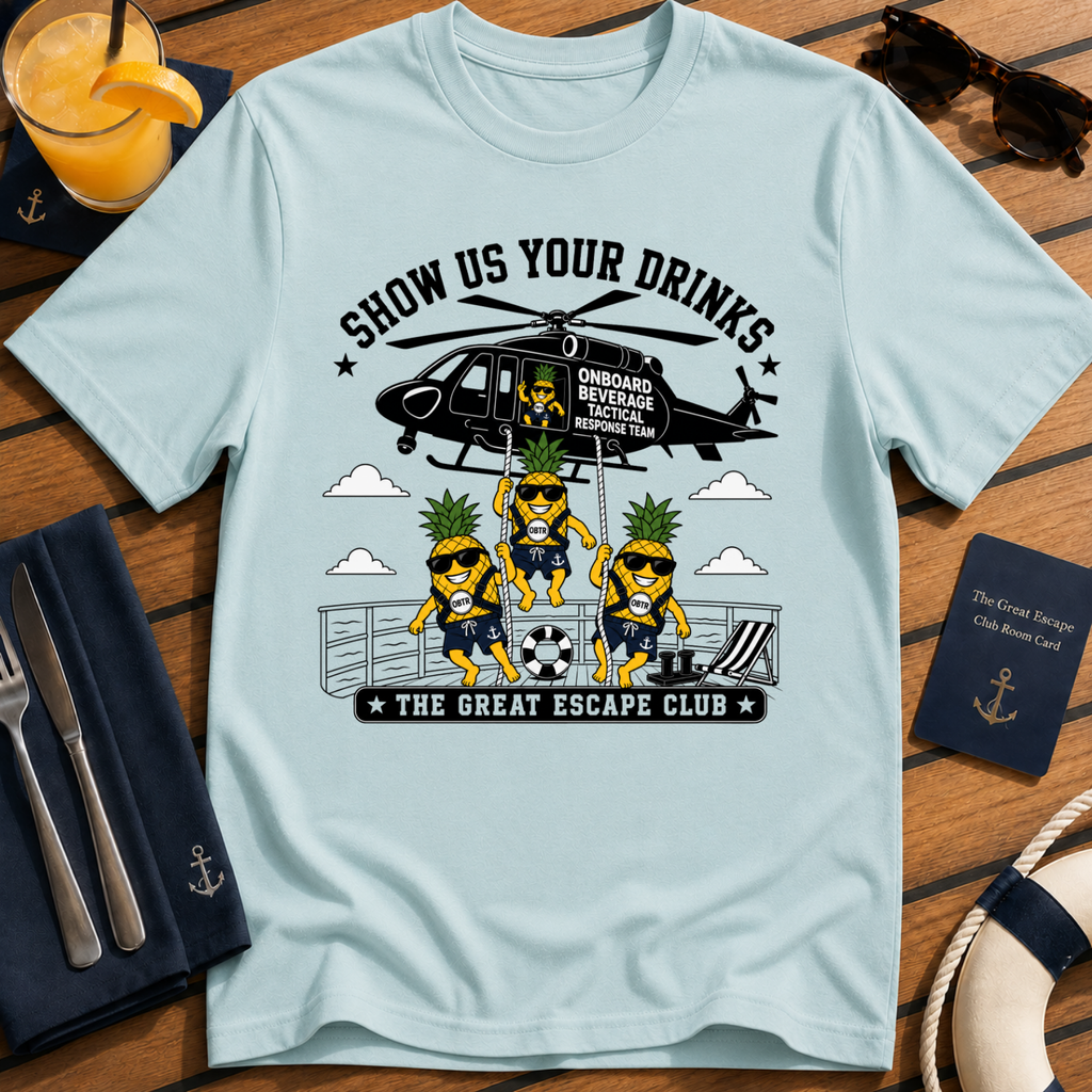 Show Us Your Drinks T-Shirt - OBTR Onboard Beverage Tactical Response Helicopter Beverage Tee