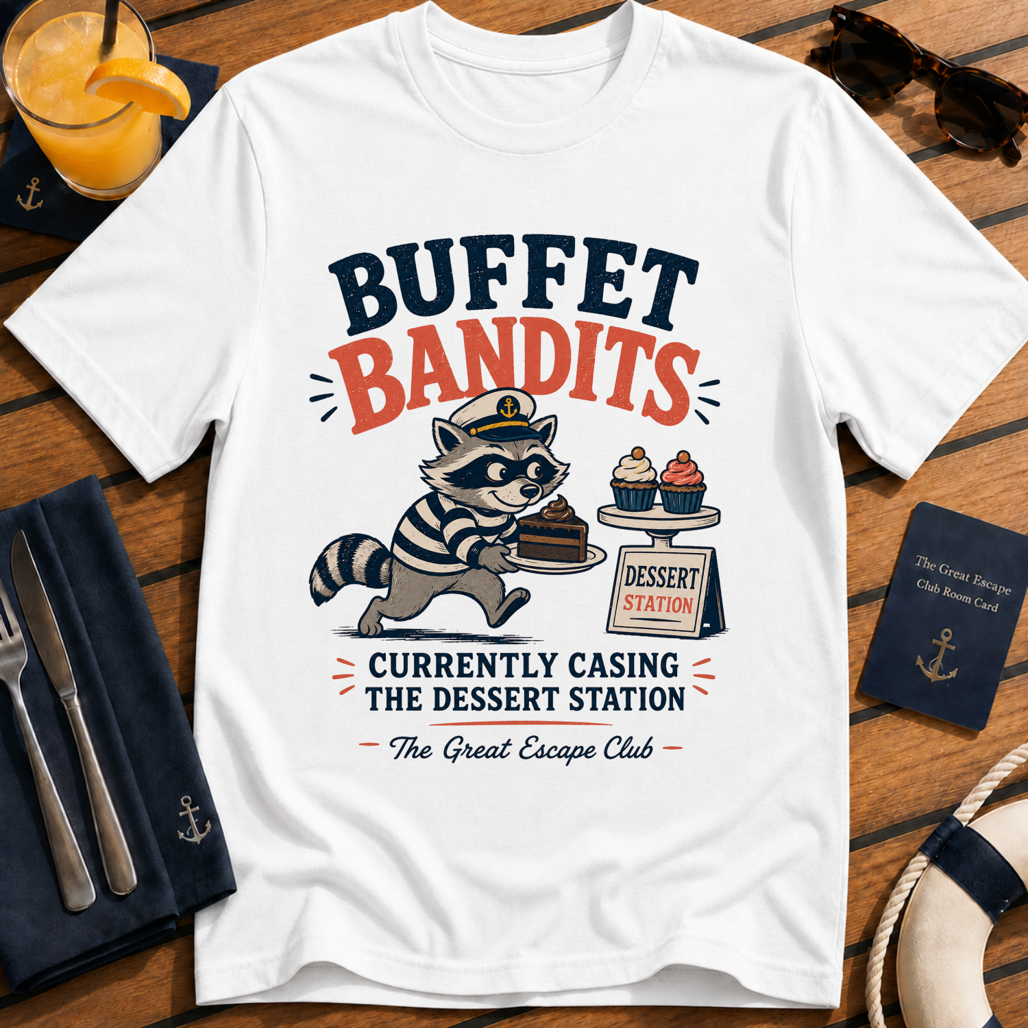 Buffet Bandits Dessert Station T-Shirt, Funny Raccoon Cruise Foodie Tee