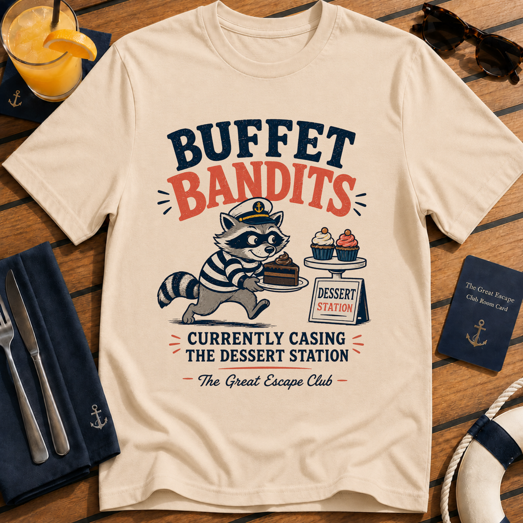 Buffet Bandits Dessert Station T-Shirt, Funny Raccoon Cruise Foodie Tee