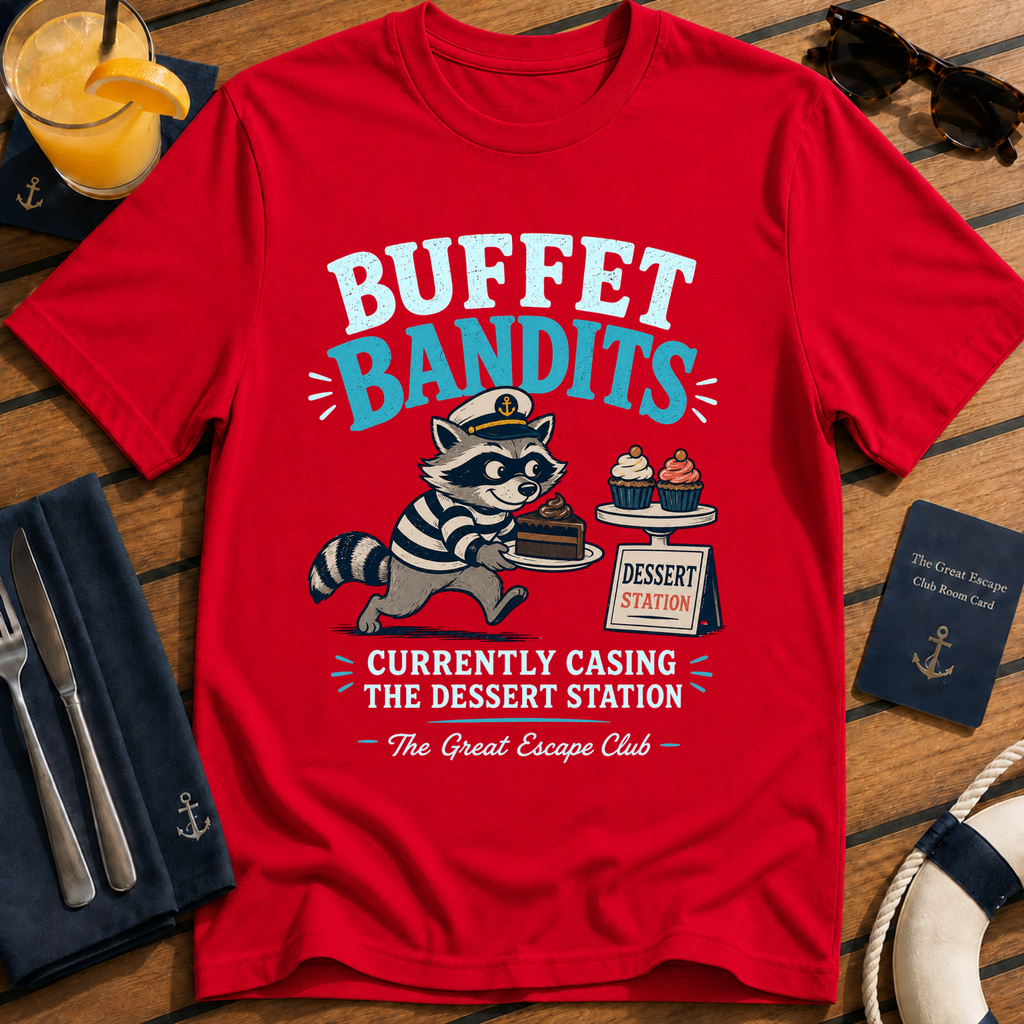 Buffet Bandits funny cruise dessert station t-shirt design on Red shirt