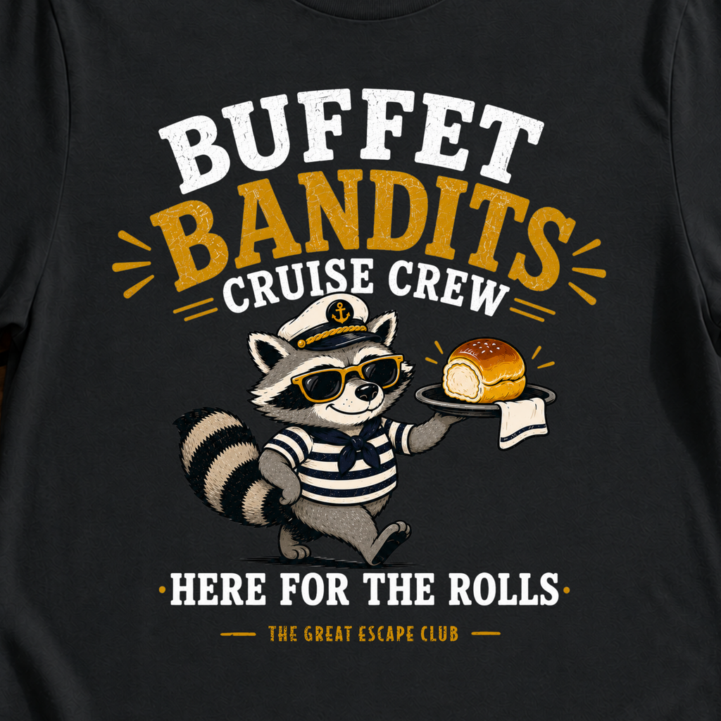 Buffet Bandits Cruise Crew T-Shirt Funny Raccoon ‘Here for the Rolls’ Vacation Tee