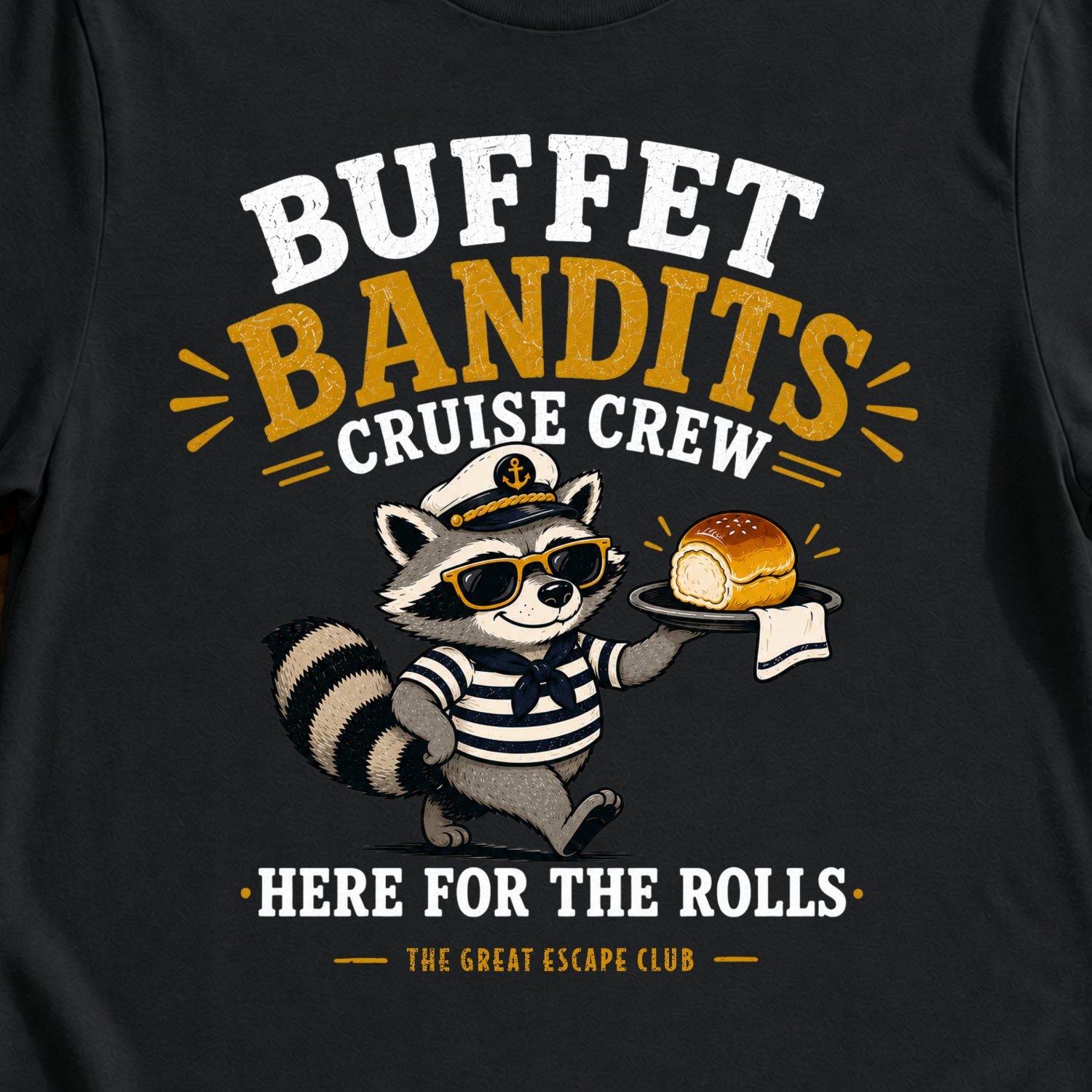 Buffet Bandits Cruise Crew T-Shirt Funny Raccoon ‘Here for the Rolls’ Vacation Tee
