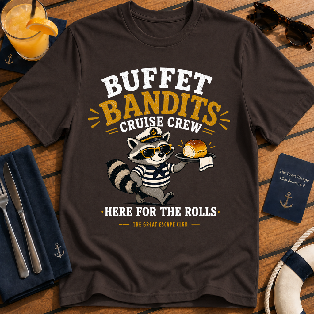 Buffet Bandits Cruise Crew T-Shirt Funny Raccoon ‘Here for the Rolls’ Vacation Tee