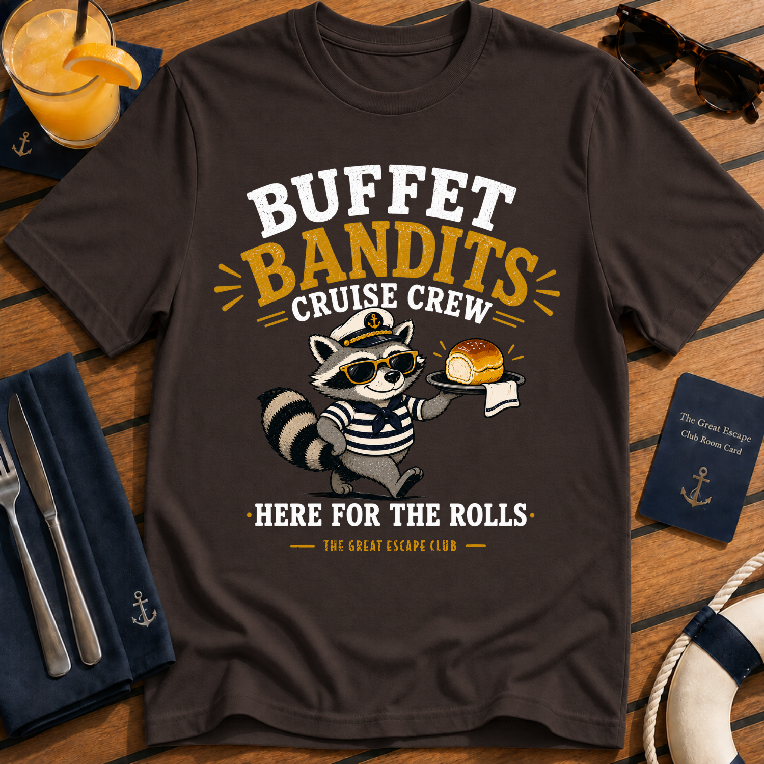 Buffet Bandits Cruise Crew T-Shirt Funny Raccoon ‘Here for the Rolls’ Vacation Tee