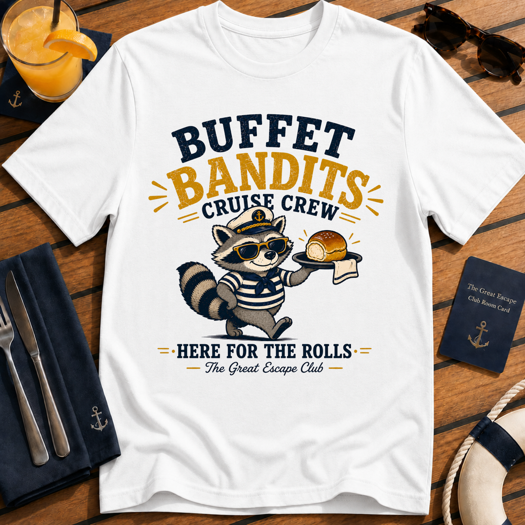 Buffet Bandits Cruise Crew T-Shirt Funny Raccoon ‘Here for the Rolls’ Vacation Tee