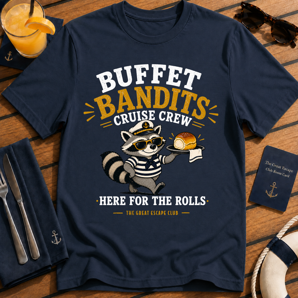 Buffet Bandits Cruise Crew T-Shirt Funny Raccoon ‘Here for the Rolls’ Vacation Tee