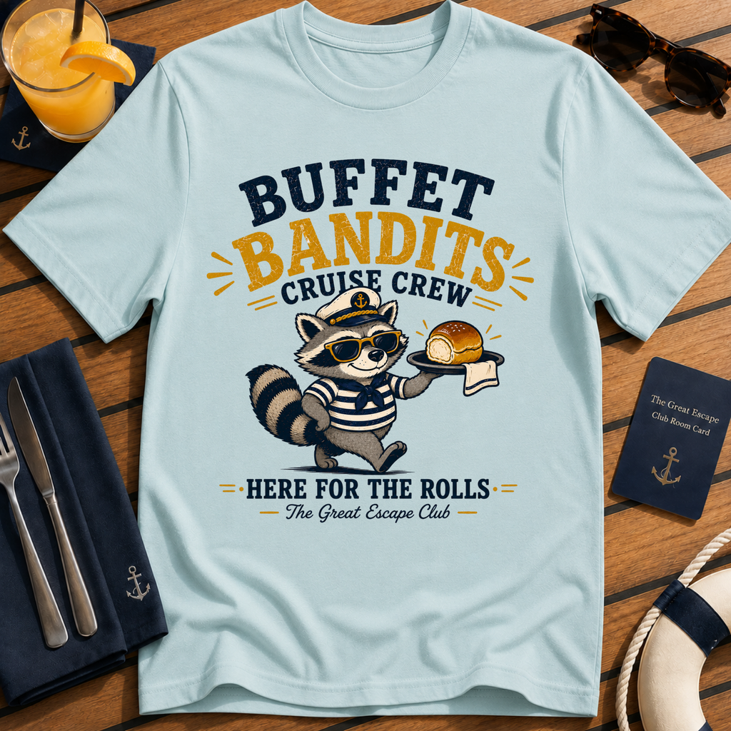 Buffet Bandits Cruise Crew T-Shirt Funny Raccoon ‘Here for the Rolls’ Vacation Tee