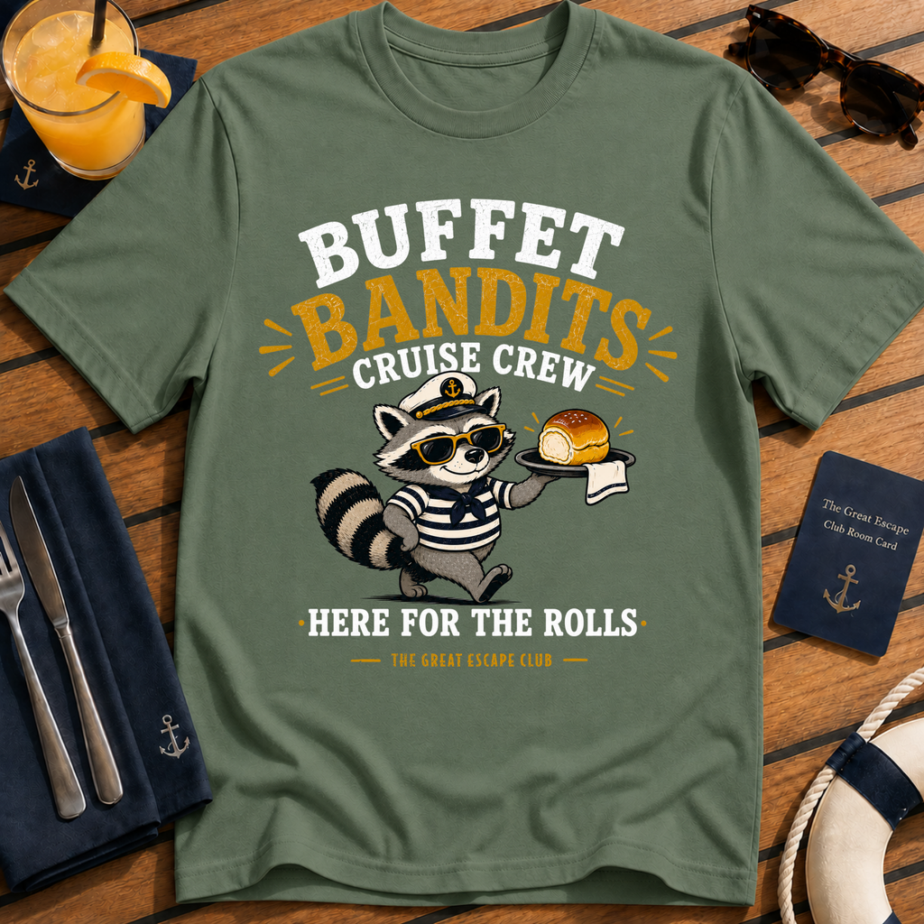 Buffet Bandits Cruise Crew T-Shirt Funny Raccoon ‘Here for the Rolls’ Vacation Tee