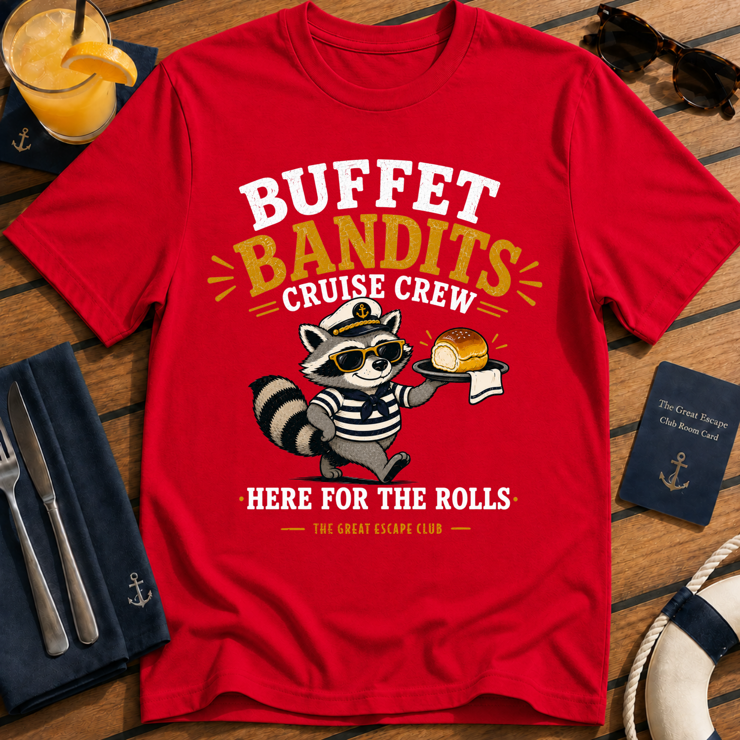 Buffet Bandits Cruise Crew T-Shirt Funny Raccoon ‘Here for the Rolls’ Vacation Tee