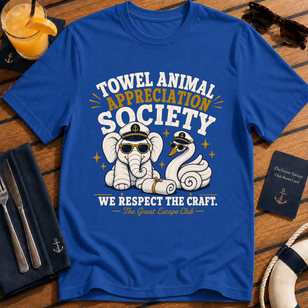 Towel Animal Appreciation Society funny cruise t-shirt design on Royal Blue shirt