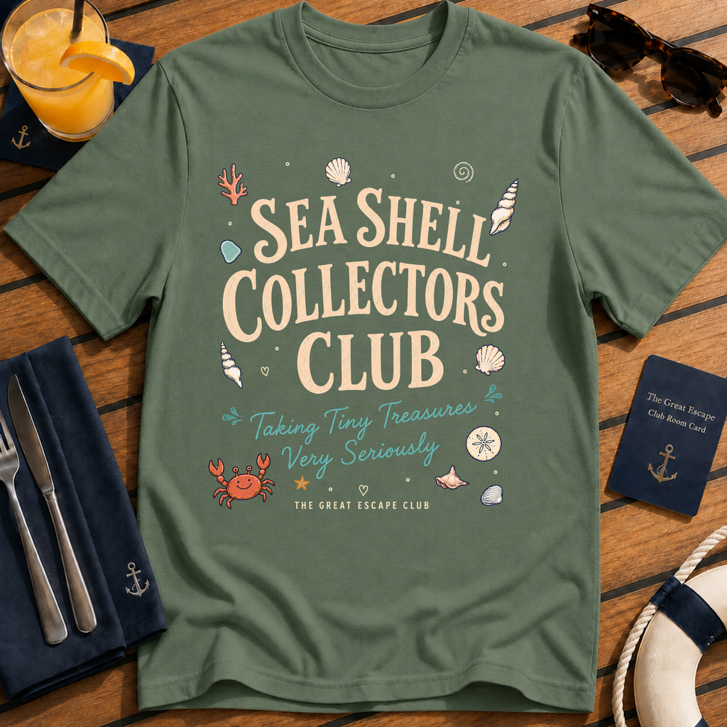Sea Shell Collectors Club beachcombing cruise t-shirt design on Military Green shirt