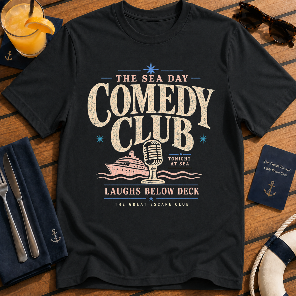 Sea Day Comedy Club funny cruise comedy t-shirt design on Black shirt
