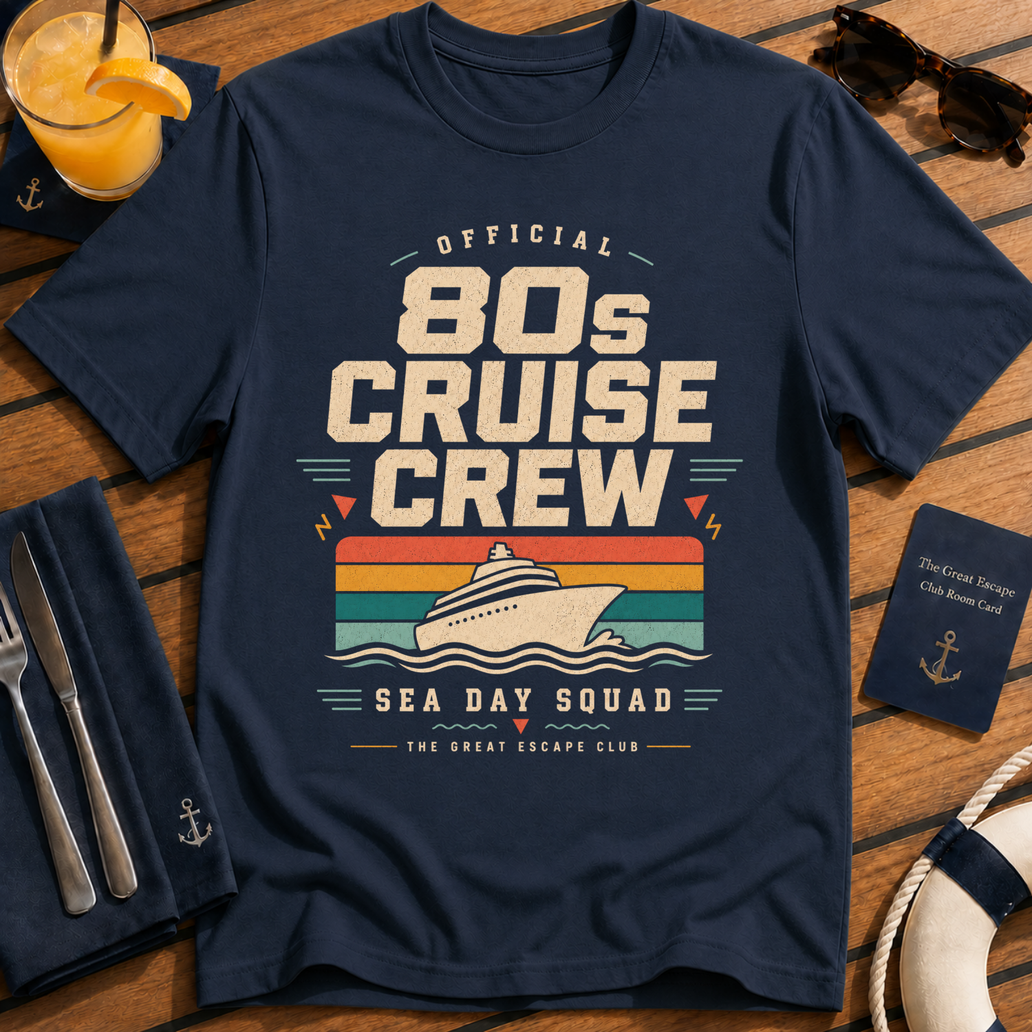 80s Cruise Crew retro cruise crew t-shirt design on Navy shirt