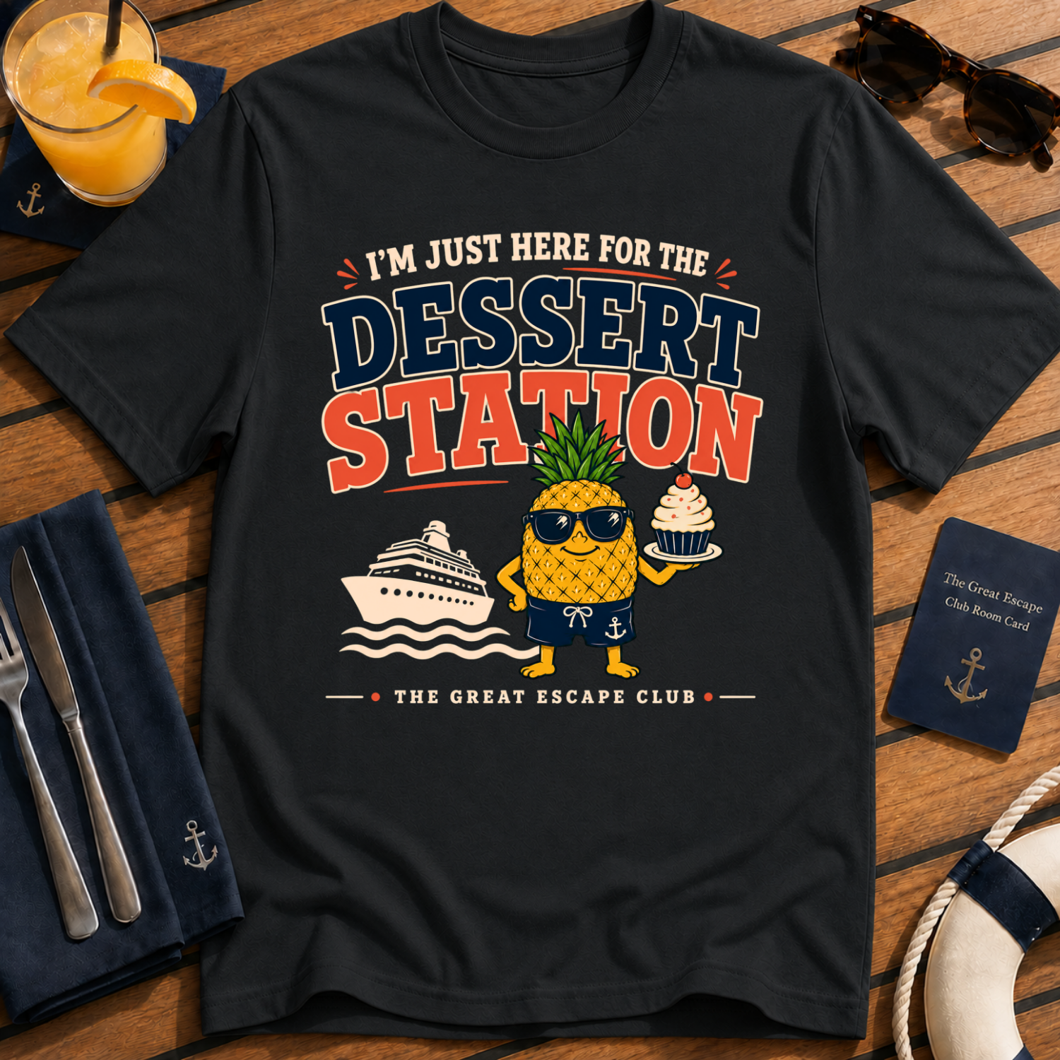 Dessert Station T-Shirt — "I’m Just Here for the Dessert Station" Tropical Pineapple Graphic Tee