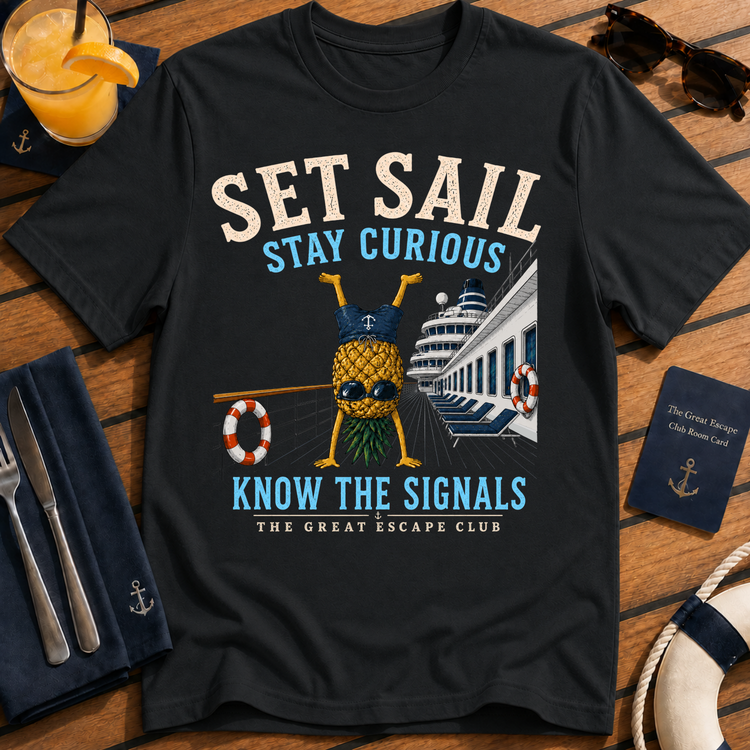 Set Sail Stay Curious T-Shirt, Funny Upside Down Pineapple Cruise Tee