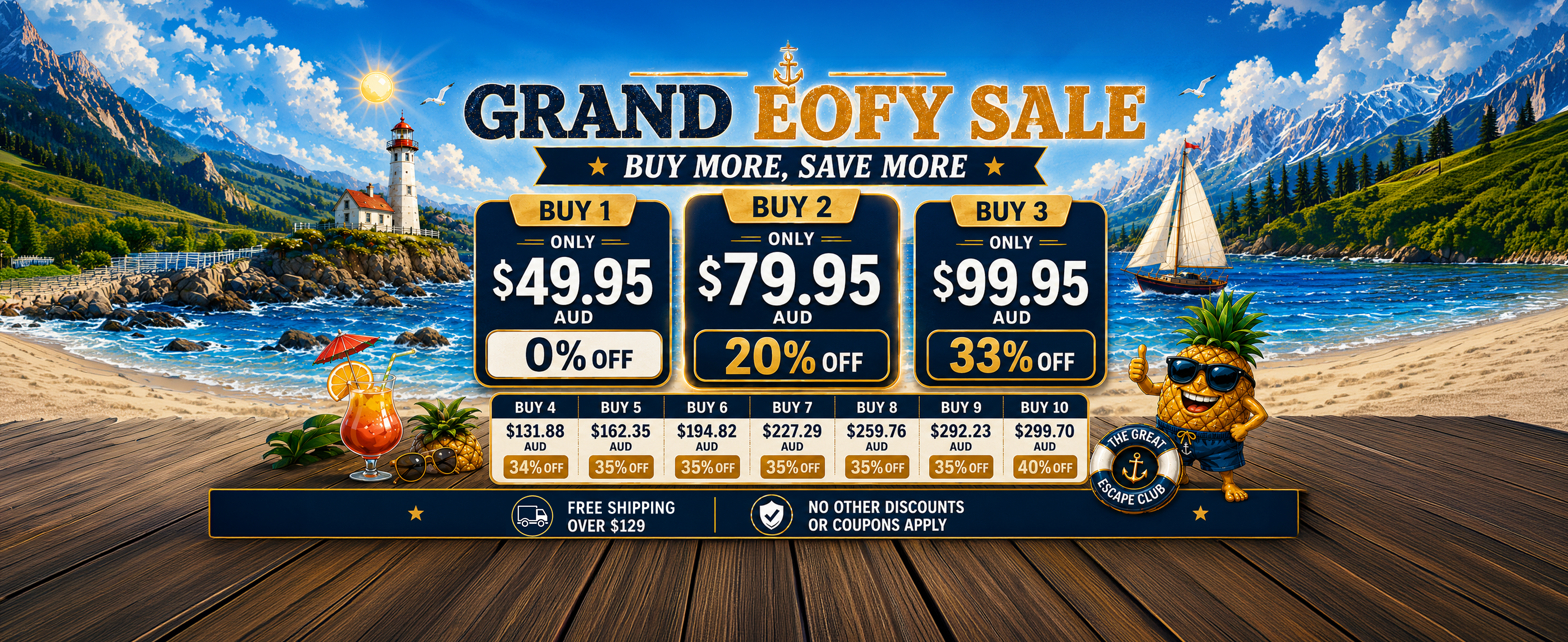 Grand EOFY Sale buy more save more offer from The Great Escape Club with bulk shirt discounts and free shipping over $129.