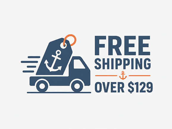 Free shipping over $129 at The Great Escape Club with nautical delivery truck graphic.