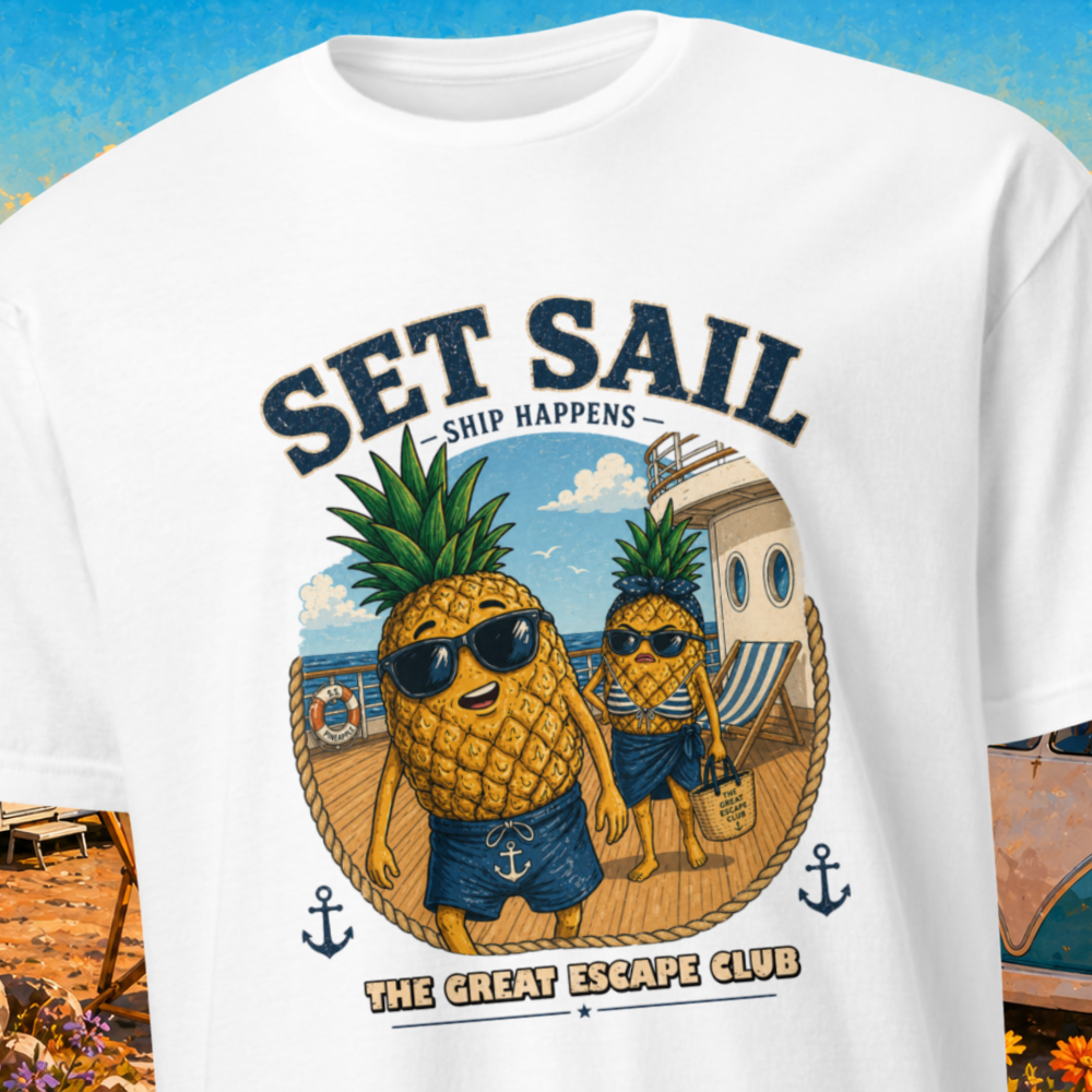 Set Sail Ship Happens T-shirt design featuring Hank the Pineapple in a cheeky nautical style for The Great Escape Club.