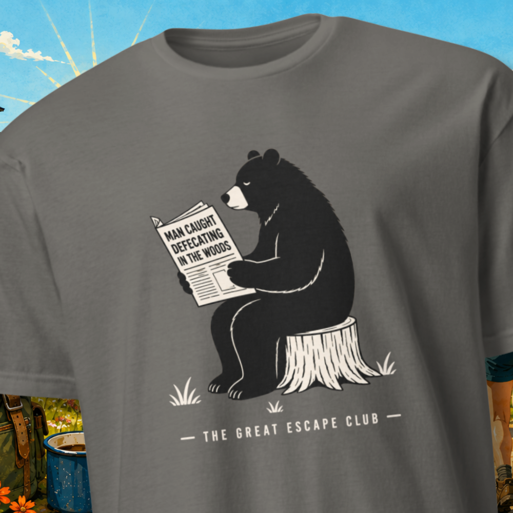 Gray t-shirt with a bear reading a newspaper graphic and 'The Great Escape Club' text.