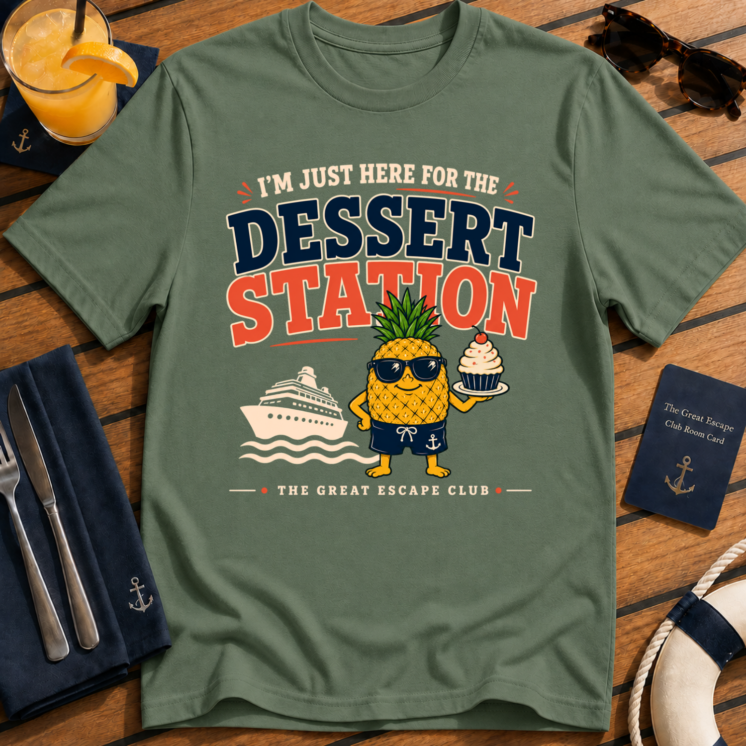 Dessert Station T-Shirt — "I’m Just Here for the Dessert Station" Tropical Pineapple Graphic Tee