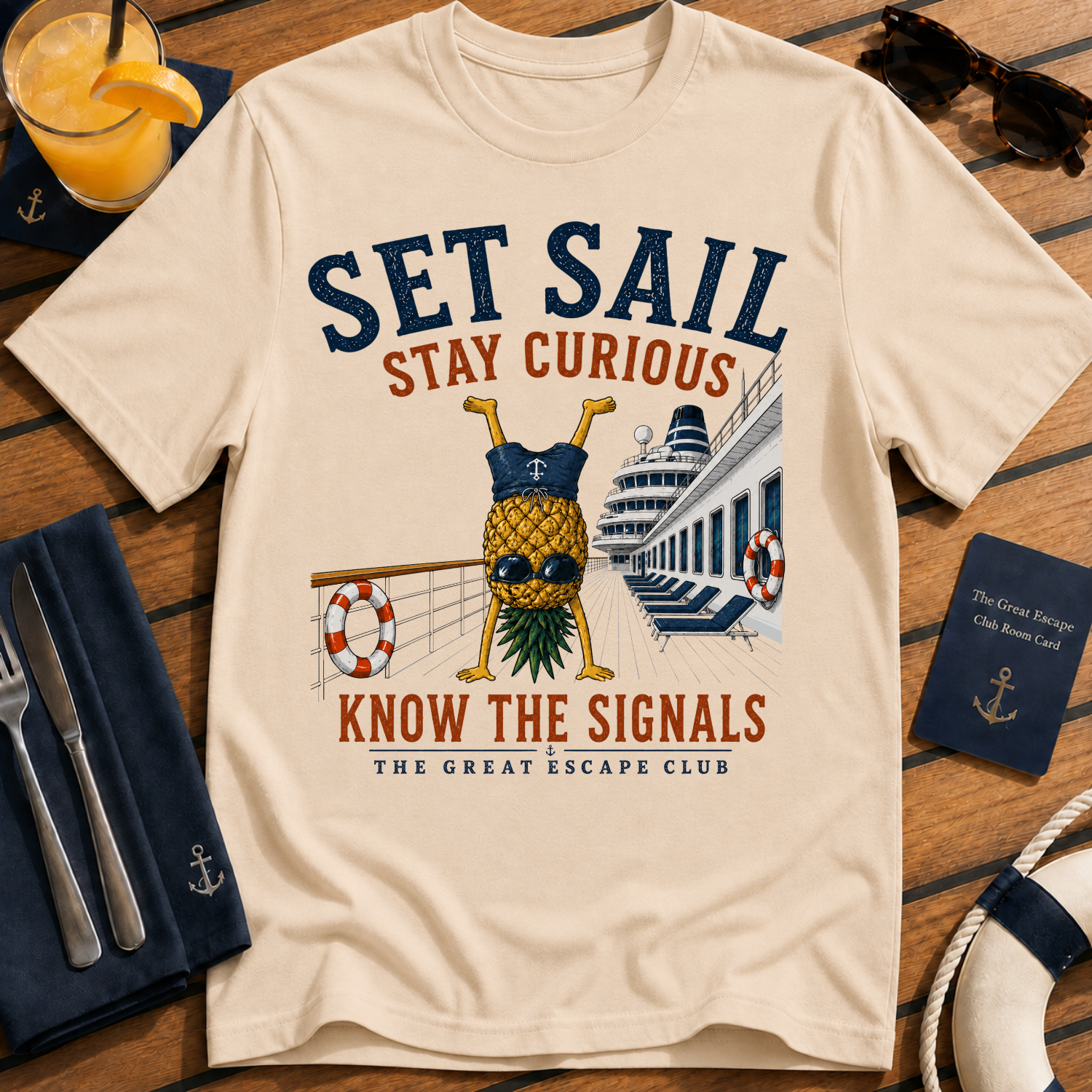 Set Sail Stay Curious T-Shirt, Funny Upside Down Pineapple Cruise Tee