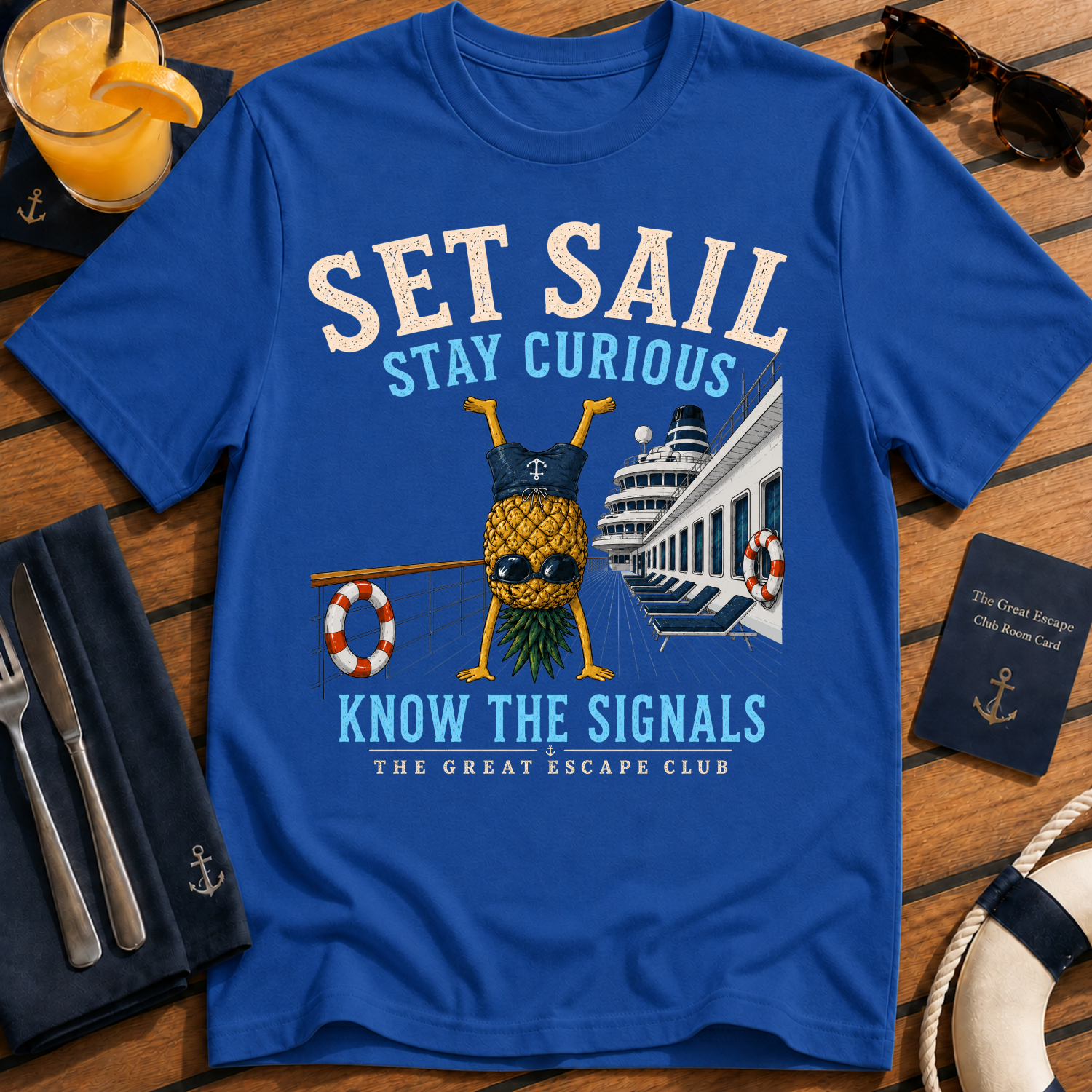 Set Sail Stay Curious T-Shirt, Funny Upside Down Pineapple Cruise Tee