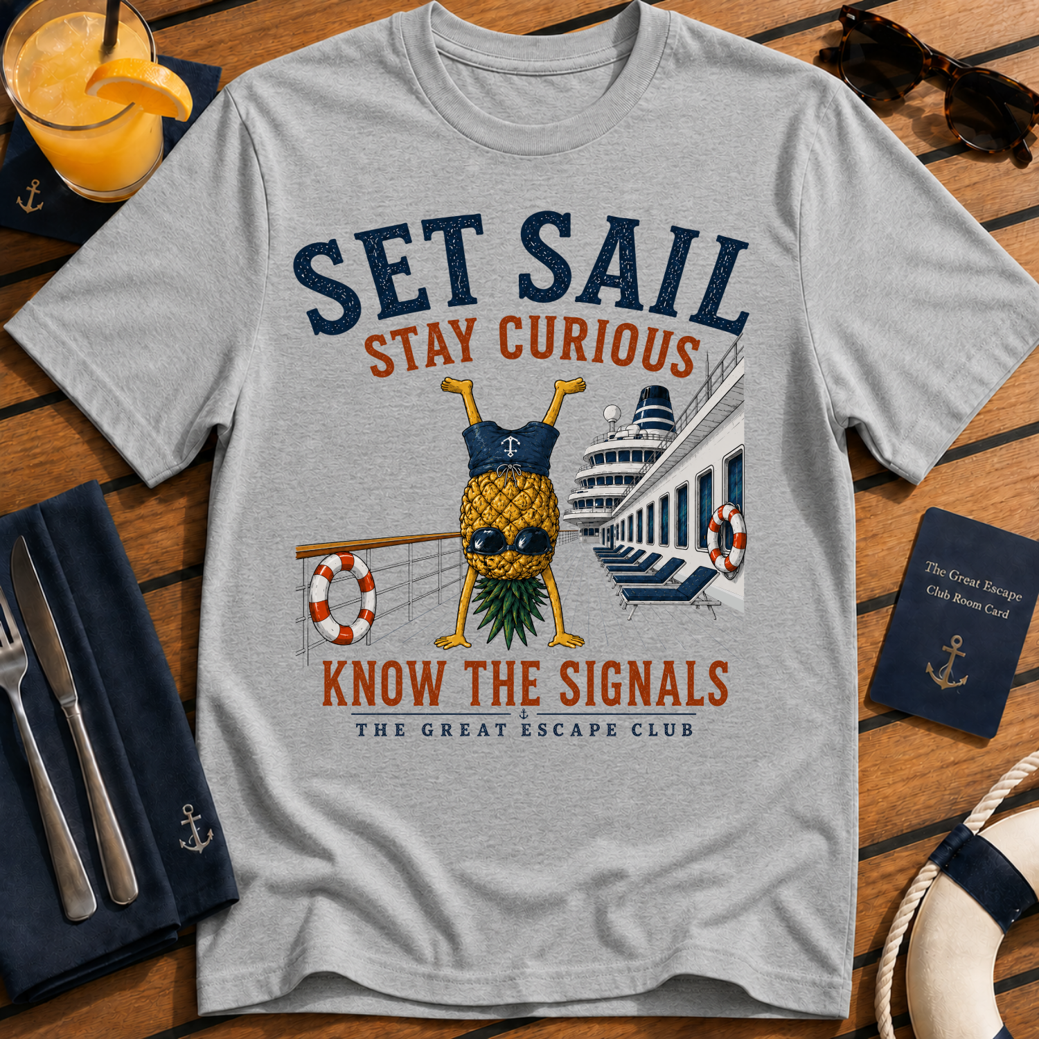 Set Sail Stay Curious T-Shirt, Funny Upside Down Pineapple Cruise Tee