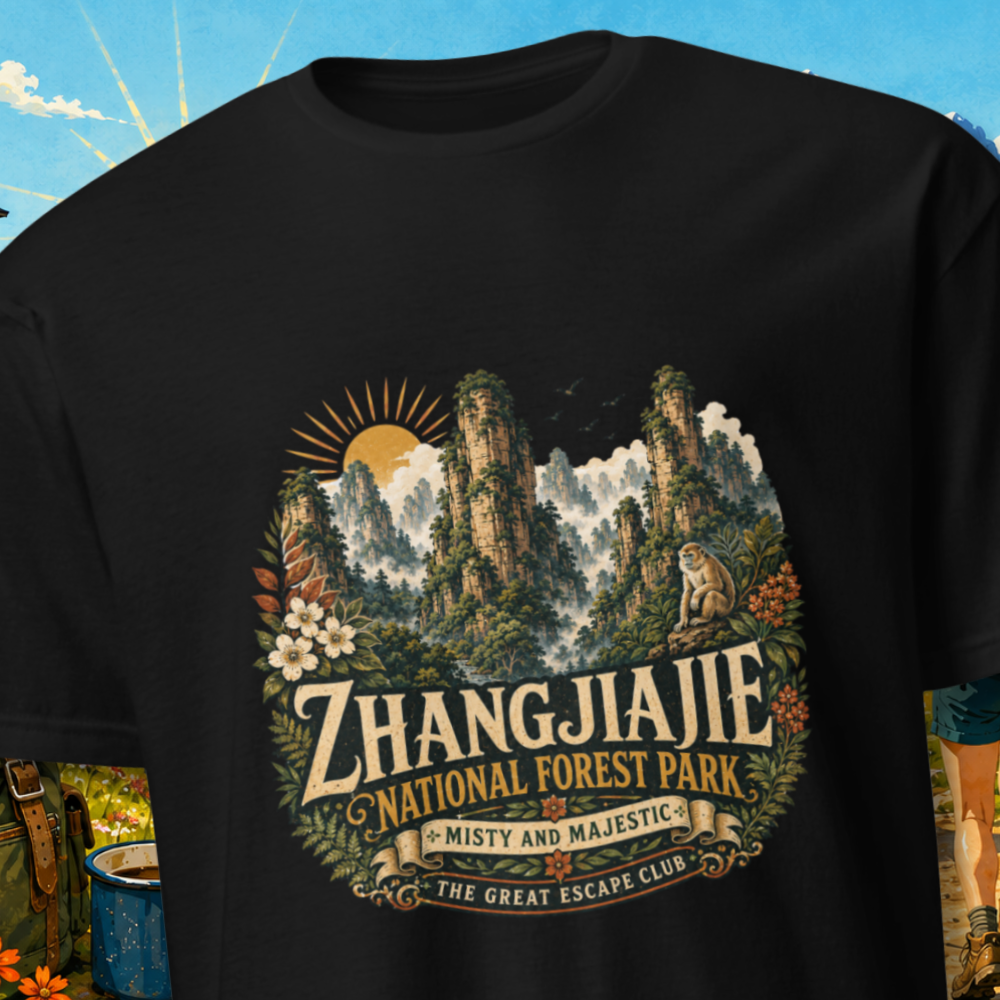 Zhangjiajie National Forest Park unisex T-shirt featuring sandstone pillars, misty mountains, forest scenery and The Great Escape Club branding.