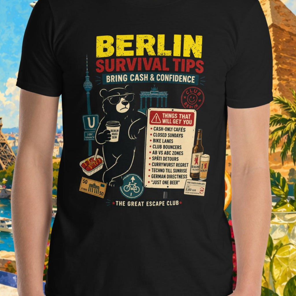 Person wearing a black t-shirt with 'Berlin Survival Tips' design in front of a colorful background with landmarks and nature.