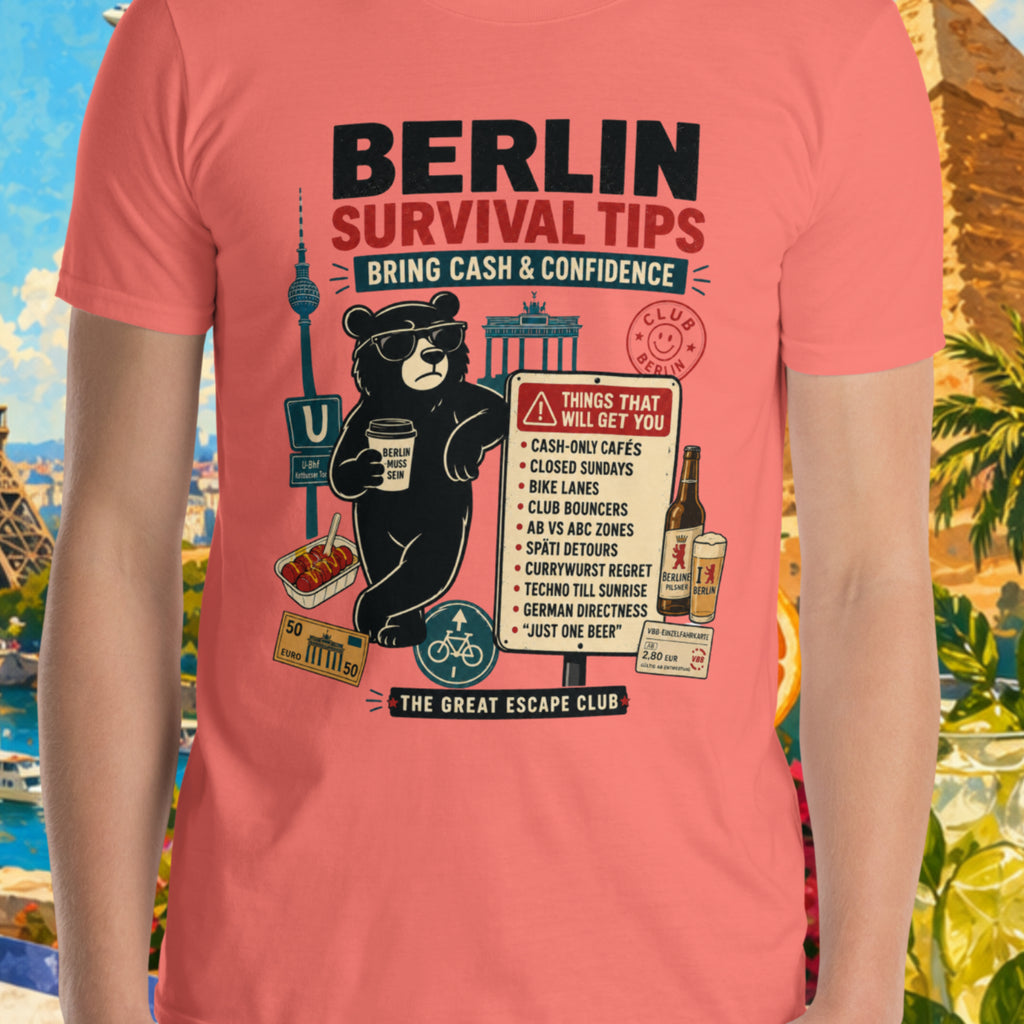 Person wearing a pink t-shirt with 'Berlin Survival Tips' graphic in front of a colorful collage background.