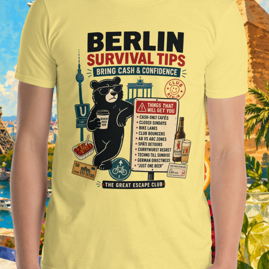 Person wearing a yellow t-shirt with 'Berlin Survival Tips' design, set against a colorful background with landmarks and nature.