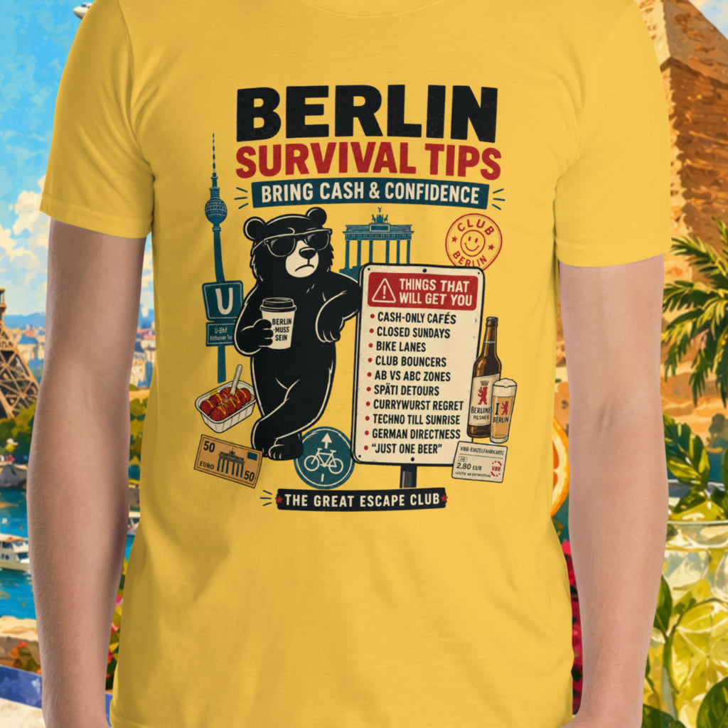 Person wearing a yellow t-shirt with 'Berlin Survival Tips' design, set against a colorful background with landmarks and nature.