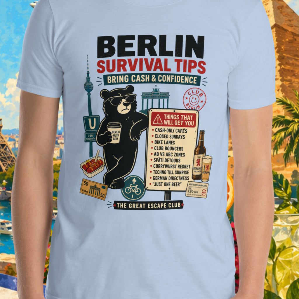 Person wearing a t-shirt with 'Berlin Survival Tips' design against a colorful background with landmarks and nature.