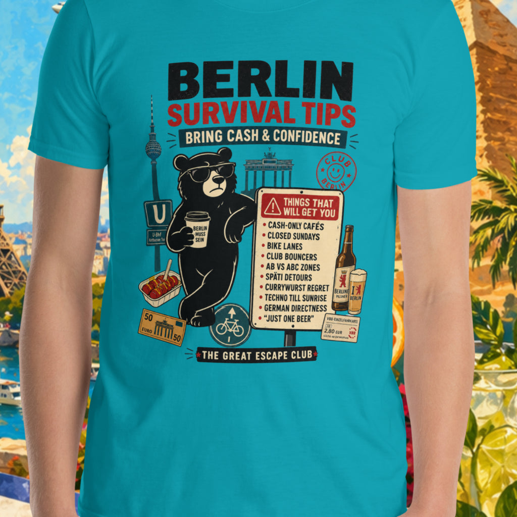 Person wearing a blue t-shirt with 'Berlin Survival Tips' design, surrounded by scenic and tropical elements.