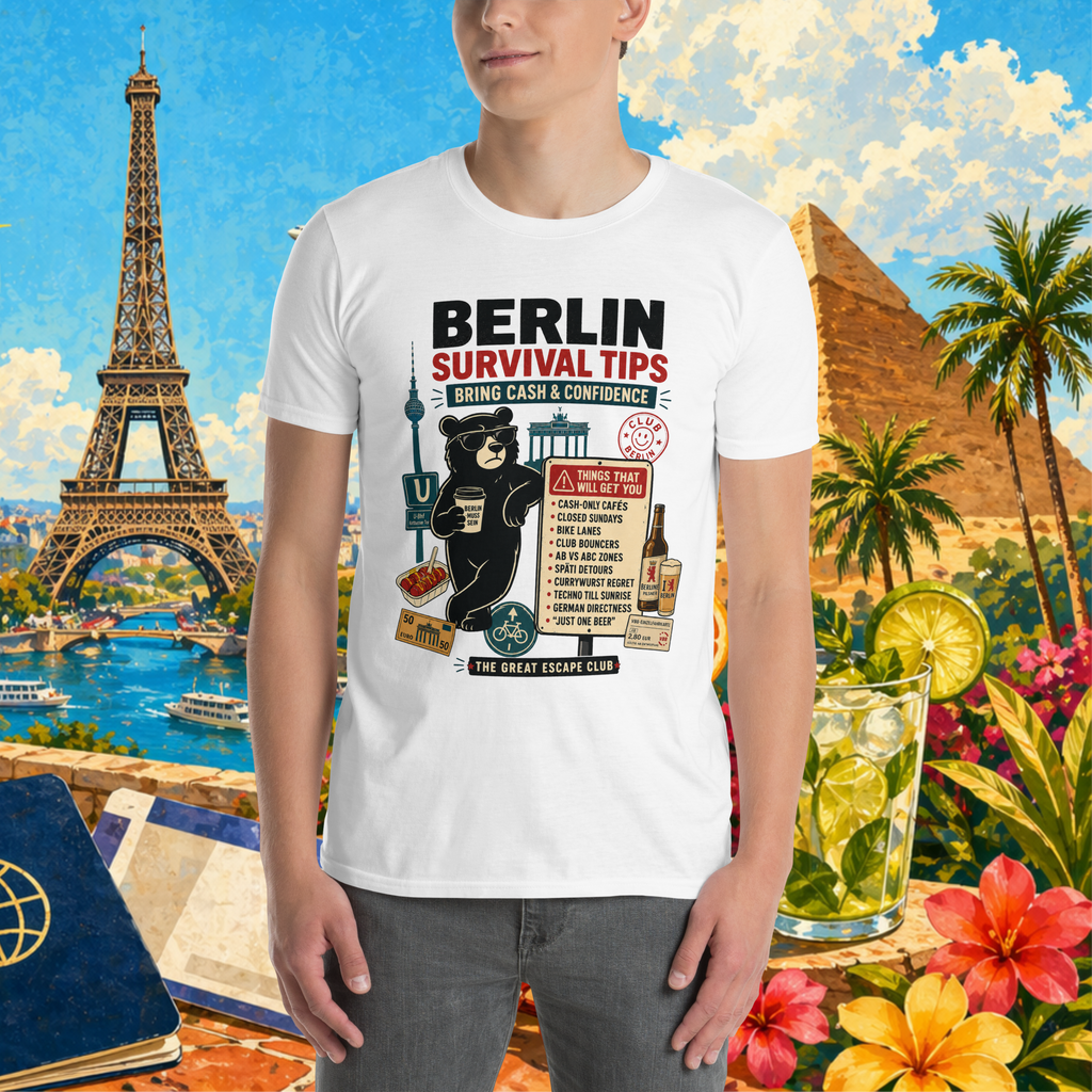 Person wearing a white t-shirt with 'Berlin Survival Tips' graphic against a colorful travel-themed background.