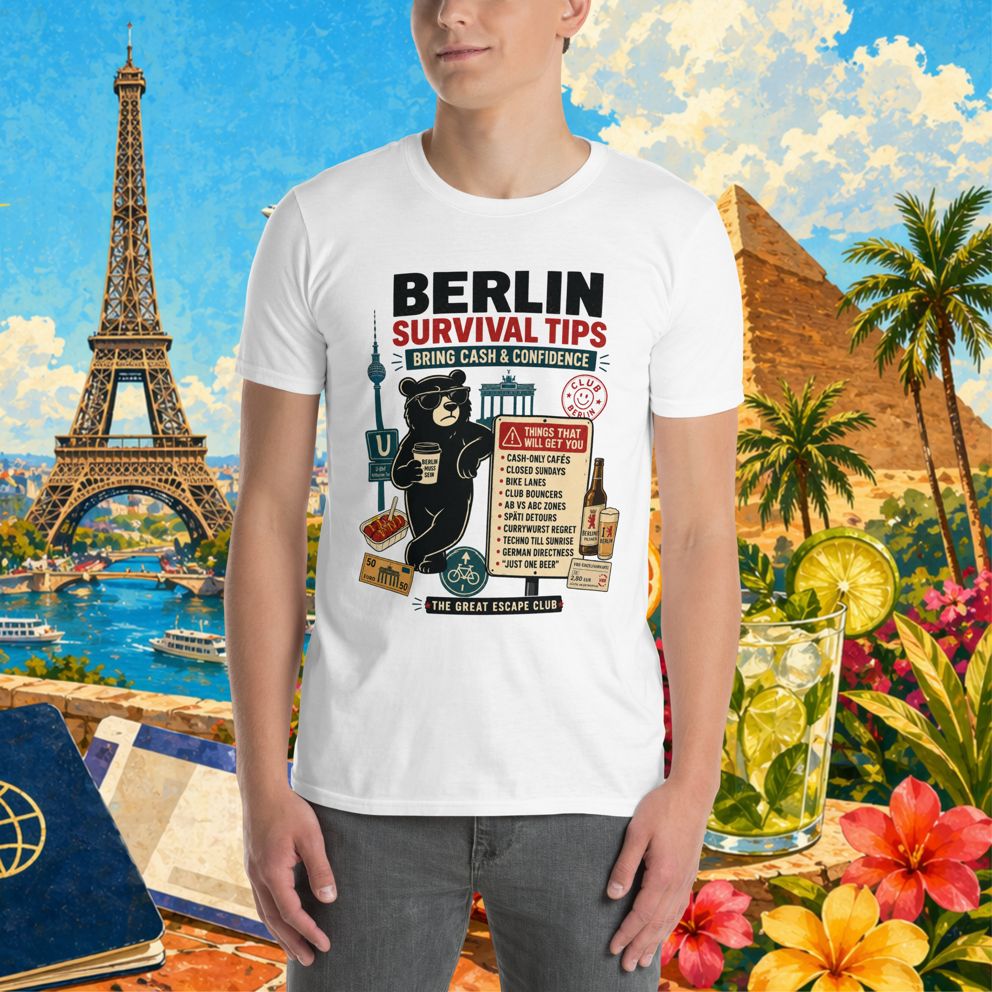 Person wearing a white t-shirt with 'Berlin Survival Tips' graphic against a colorful travel-themed background.