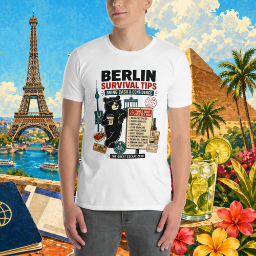 Person wearing a white t-shirt with 'Berlin Survival Tips' graphic against a colorful travel-themed background.